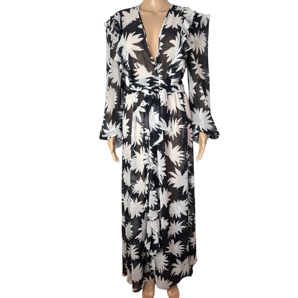 New PatBO Dahlia Ruffle Tie-Front Black and White Sheer Robe Cover Up